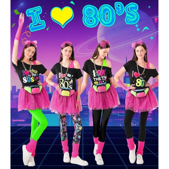 80s Costume Women Set Polyester Various Accessories for Retro Party - Picture 7 of 7